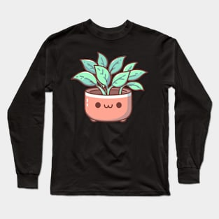 Cute Kawaii Houseplant in a Pot with Decorative Green Leaves | Design for Kawaii Lovers Long Sleeve T-Shirt